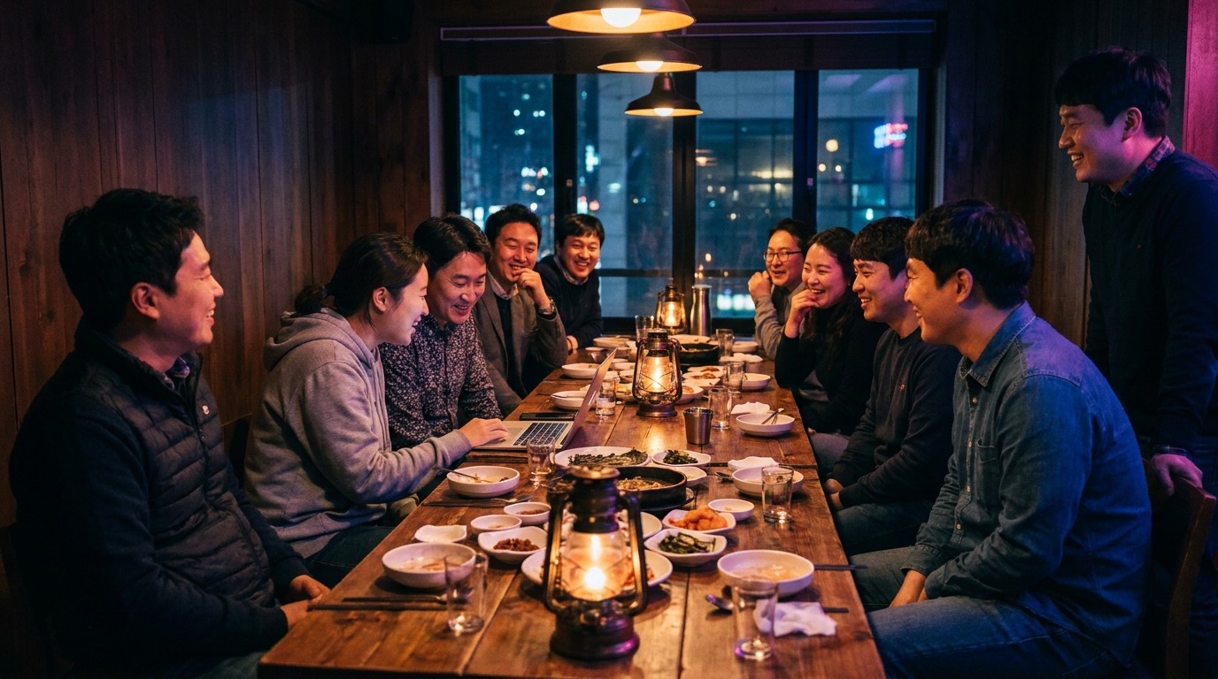 서울의 한 저녁 테이블, 노트북으로 서로 만든 것을 보여주는 빌더들
