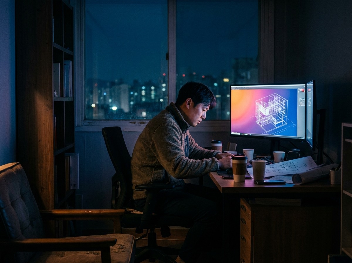 새벽, 모니터 불빛 아래에서 혼자 무언가를 만드는 빌더