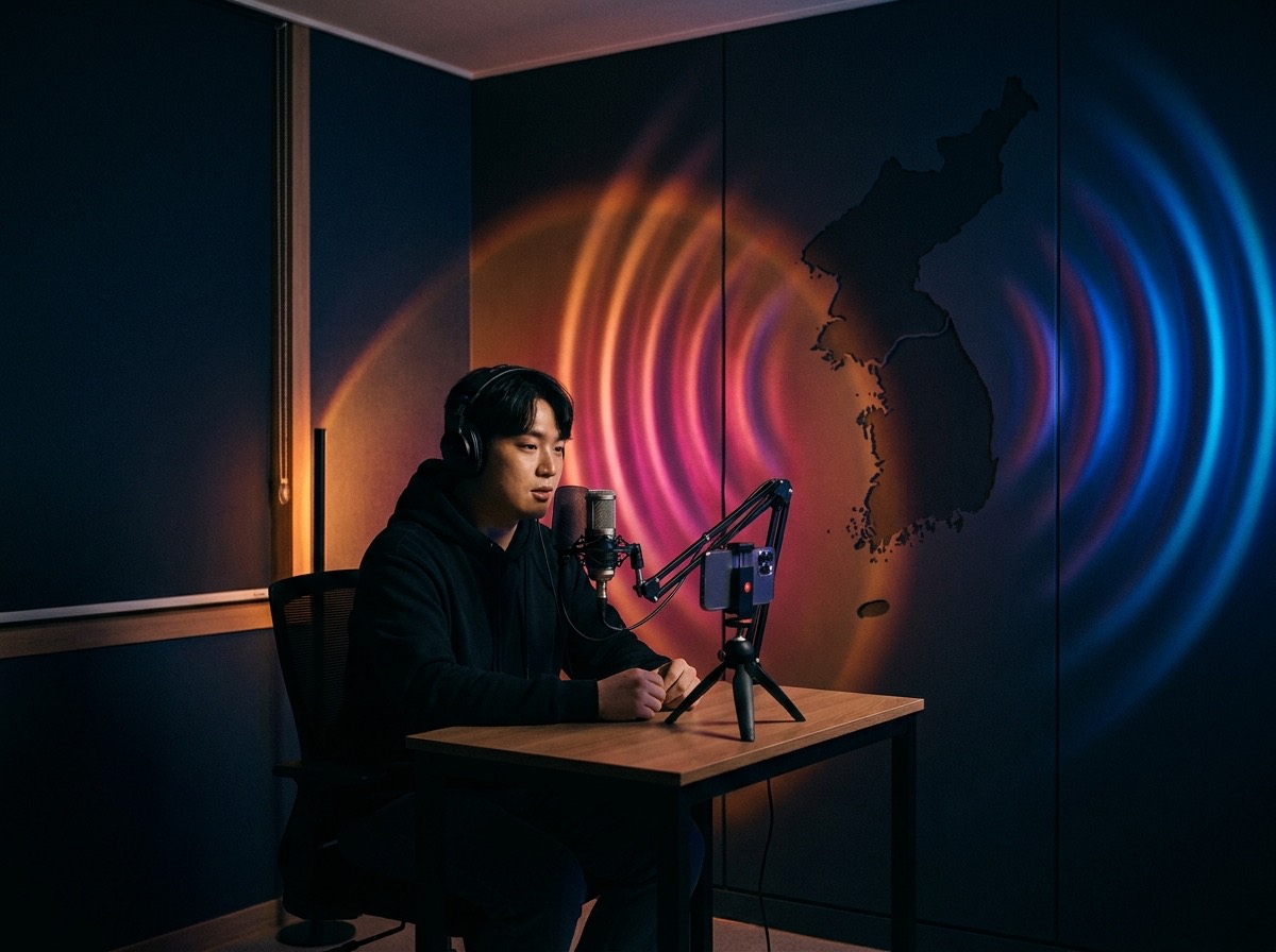 마이크와 조명 앞에서 콘텐츠를 만드는 스피커, 전파처럼 퍼지는 빛